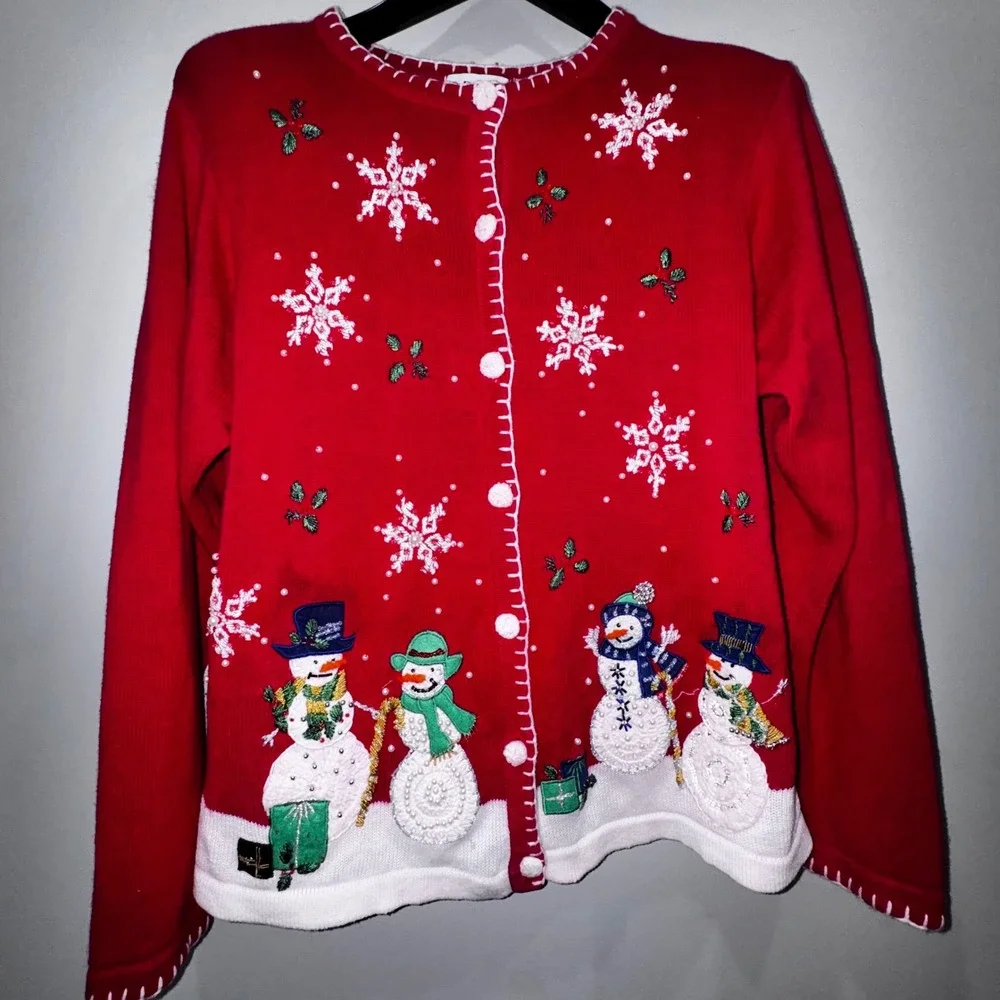 Vintage‎ B.P. Design Womens Red Snowman Snowflake Christmas Cardigan Sweater  L - Picture 12 of 12